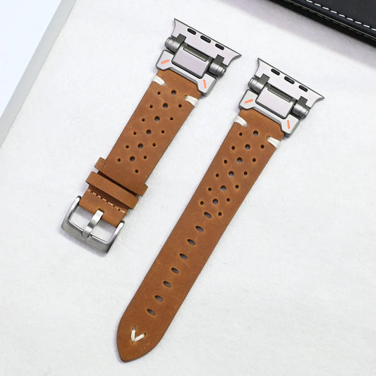 Explorer Leather Band for Apple Watch – Vintage Perforated Strap with Metal Adapter