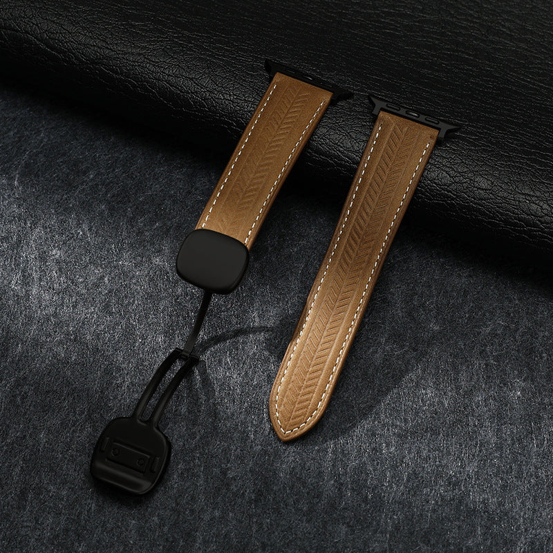 Magnetic Wheat-Pattern Genuine Leather Band for Apple Watch
